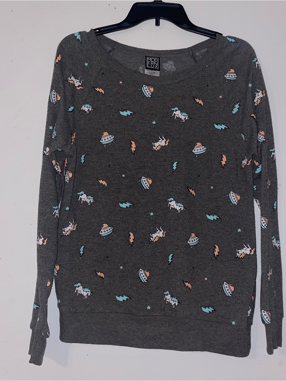 Modern Lux Charcoal Gray Unicorn & UFO Print Sweatshirt XL